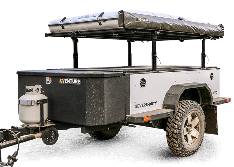 Off-road overland trailer with textured coated tub and rooftop tent rack