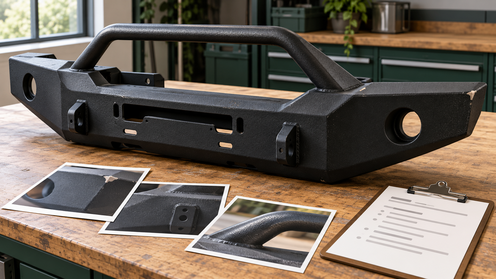 Conceptual illustration of an off-road bumper, condition photographs and a finish-history checklist