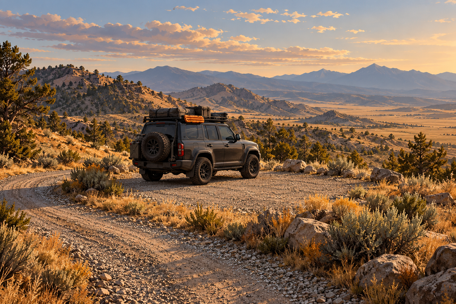 Illustration of a packed overland SUV on an established gravel pullout overlooking dry hills.