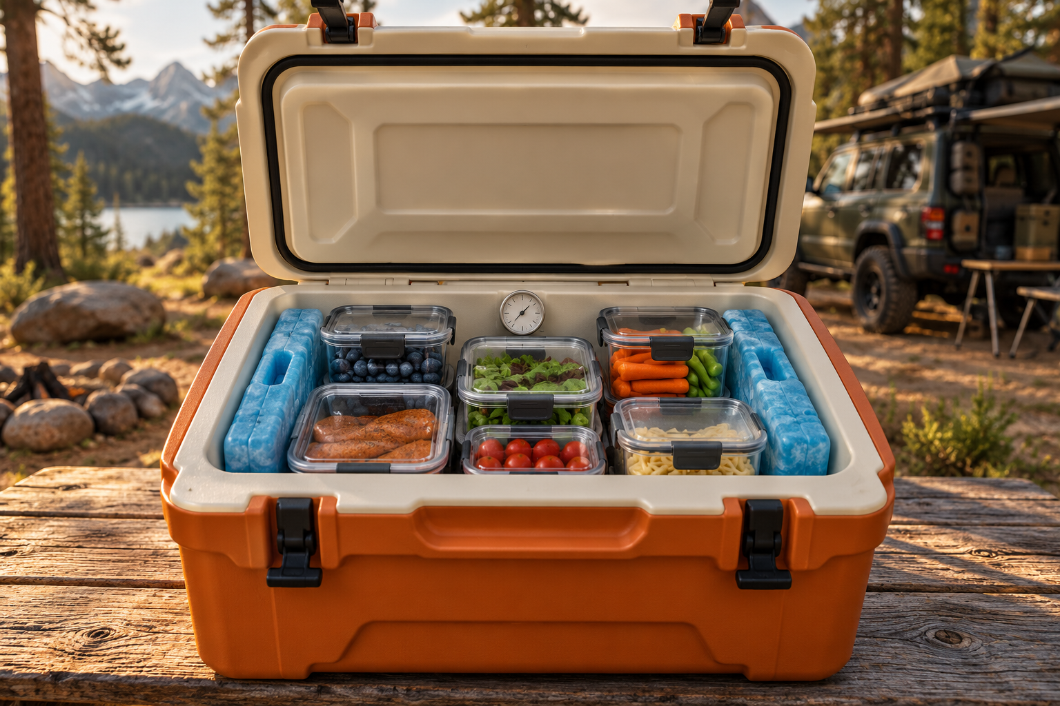 An open orange cooler with ice packs and sealed food beside a thermometer at a wooded vehicle campsite.