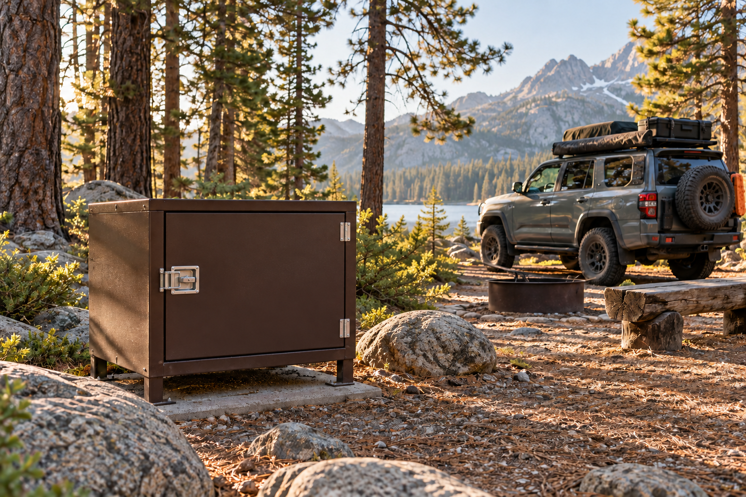 A closed and latched metal food locker beside an overlanding vehicle at a pine forest campsite.