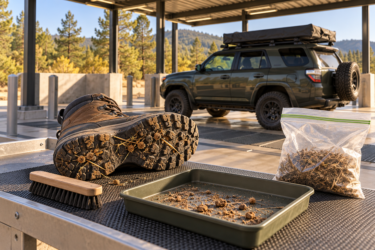 Illustration of a muddy boot, brush, catch tray and sealed debris bag beside an overland vehicle at a paved cleaning facility.