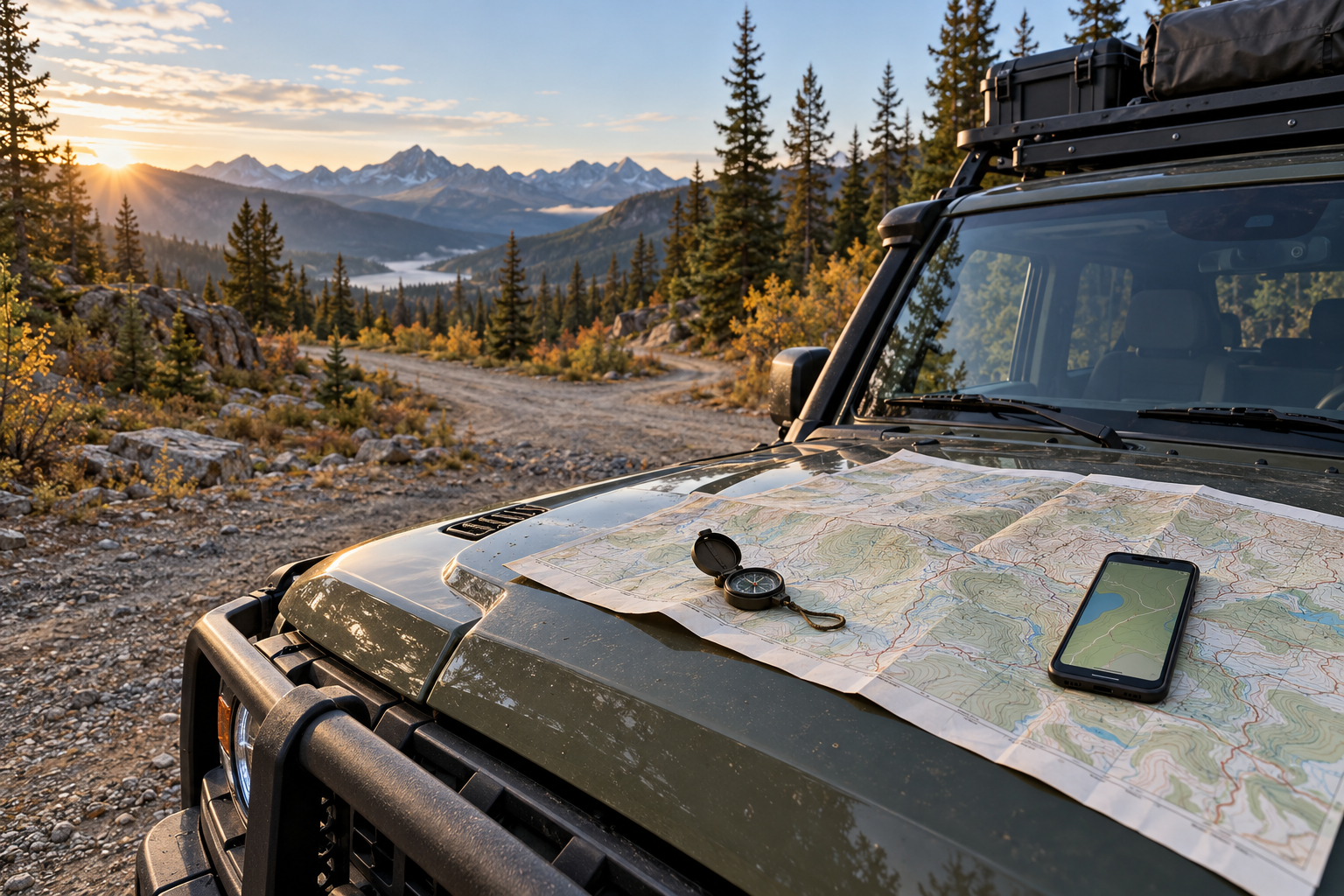 Paper map, compass and smartphone on the hood of a parked overland vehicle beside a forest road.