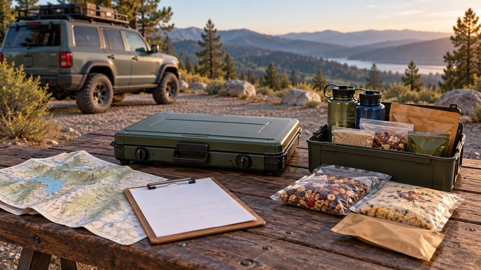 Conceptual illustration of a closed camp stove, map, clipboard and packed food on an outdoor table beside an overlanding vehicle.