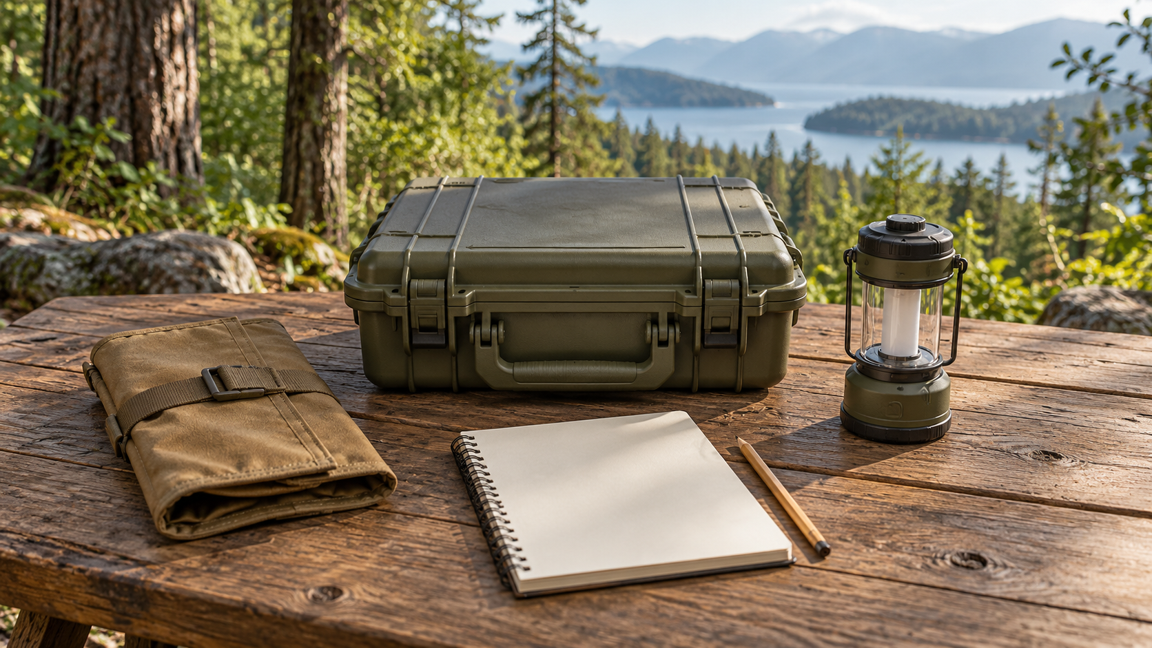 Equipment case, lantern, pouch and blank notebook on an outdoor wooden table.
