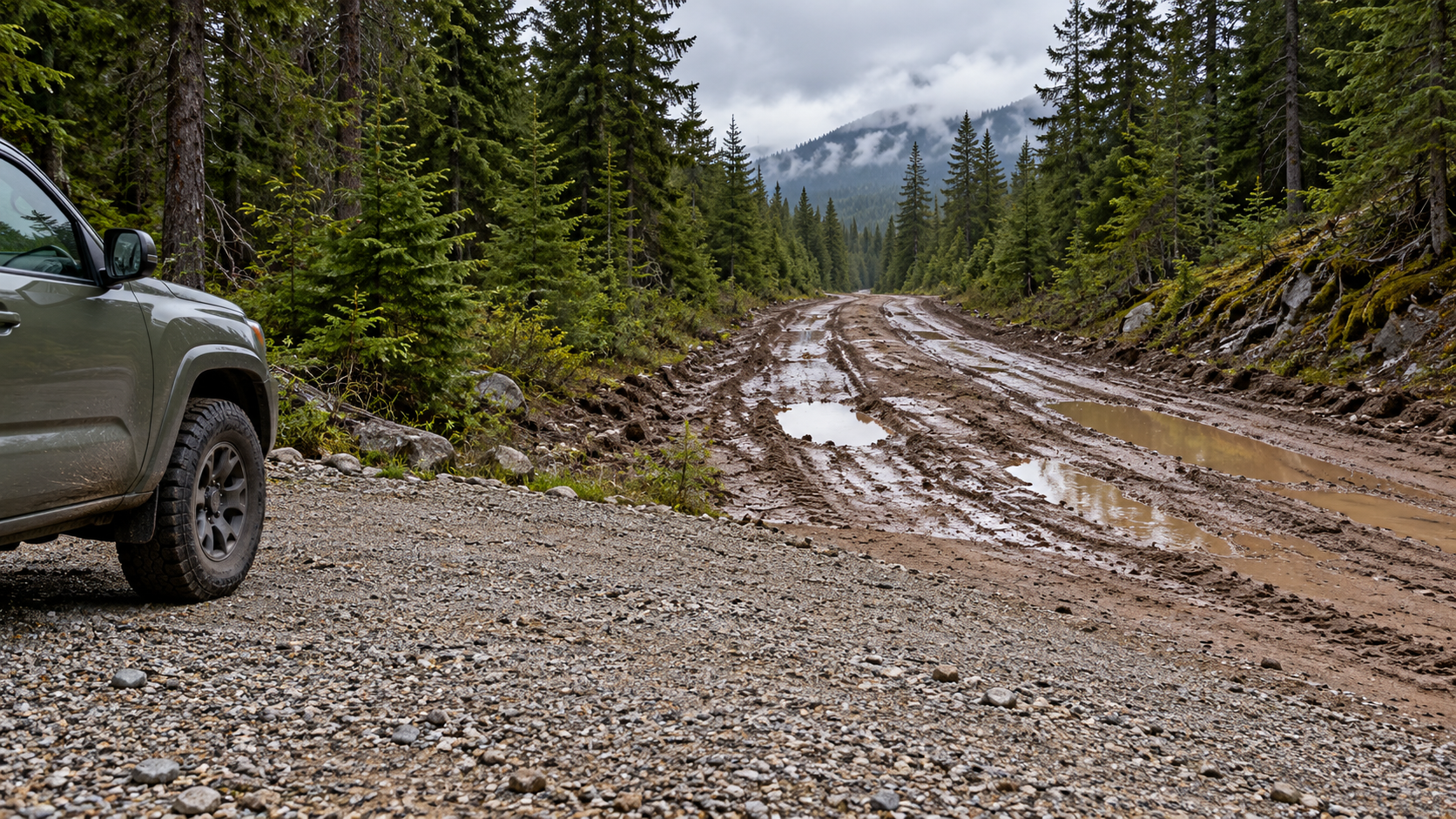 Parked vehicle on gravel beside a muddy forest road with puddles.