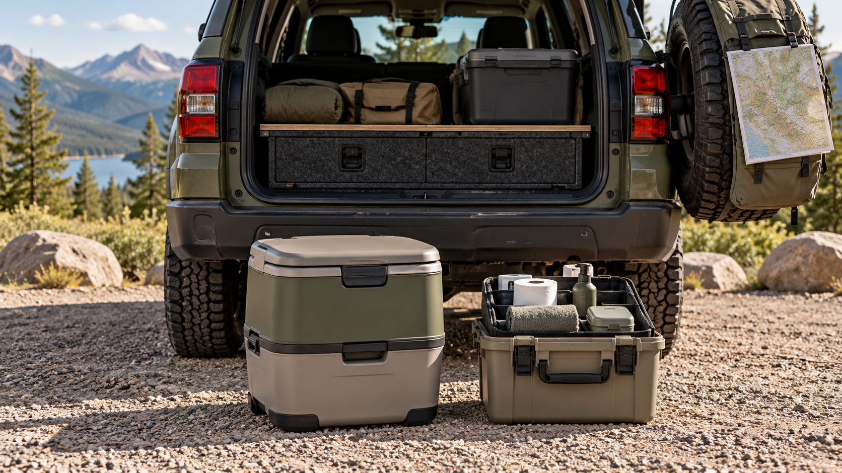 Closed portable camping toilet and separate supplies beside an overlanding vehicle.